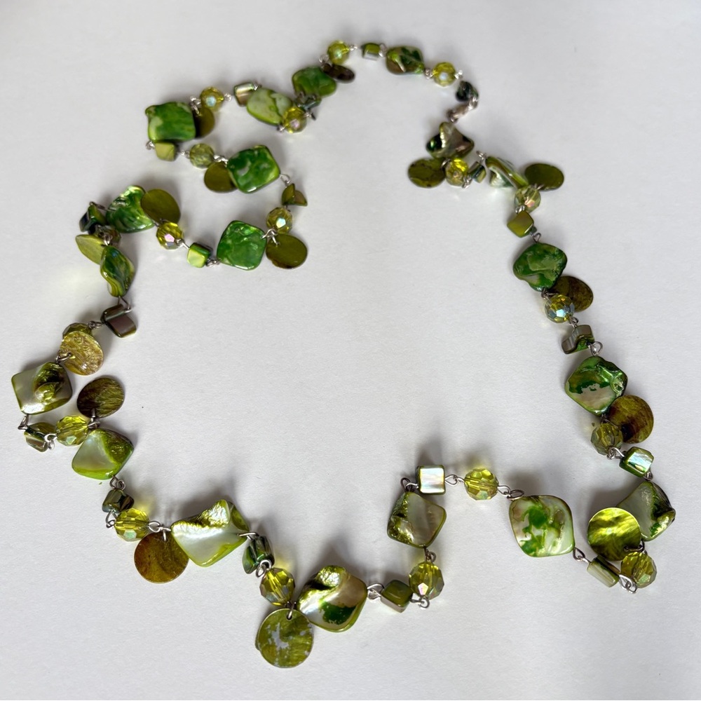 Vintage Green Shell & Stone Bead Long Necklace